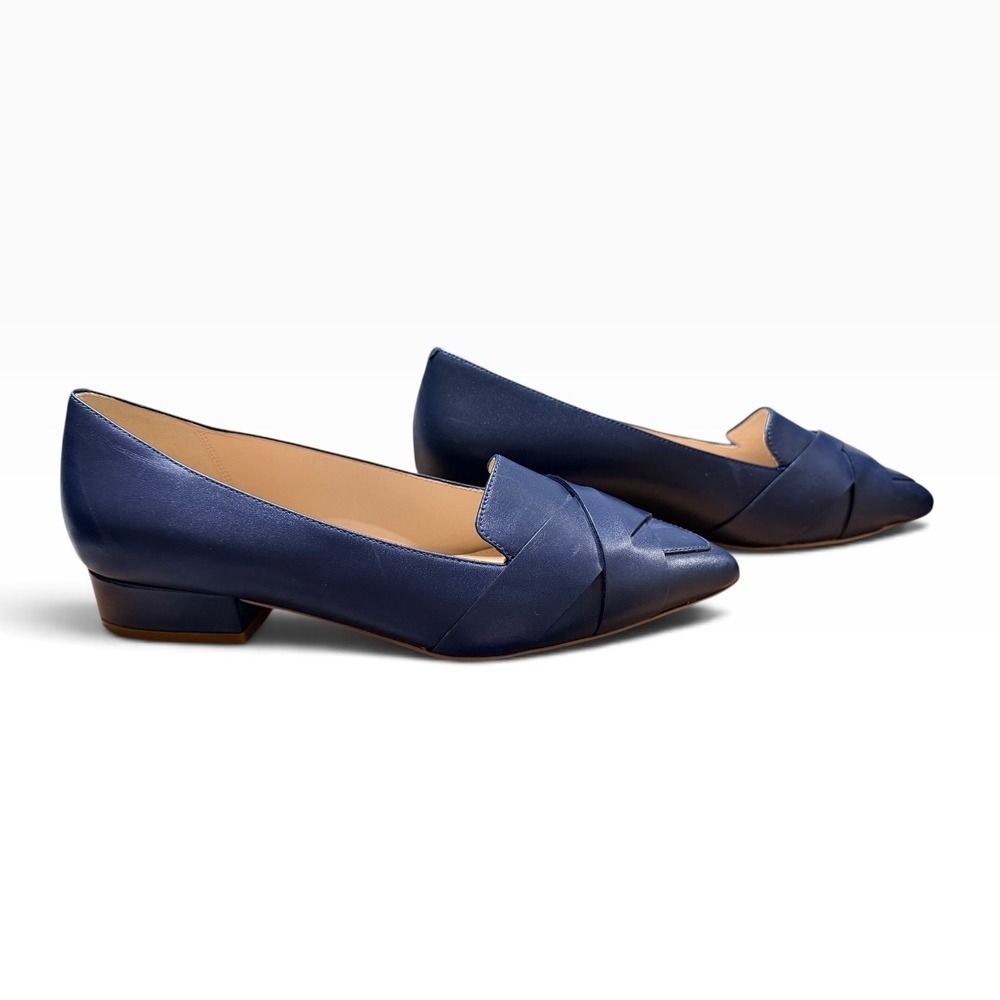 Cole Haan Womens Navy Leather Pointed Toe Crisscross Block Heel Flats W15158